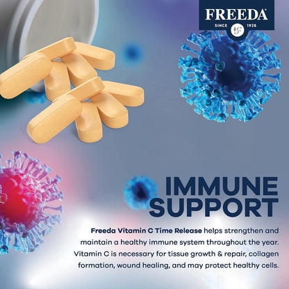 FREEDA Timed Release Vitamin C 1000mg - Slow-Release for All-Day Immune & Antioxidant Support, Gentle on Stomach, Kosher & Vegan, High-Absorption Tablets (100 Tablets) - Supports All-Day Immune & Antioxidant Defense - Promotes Collagen & Cell Health - Gen