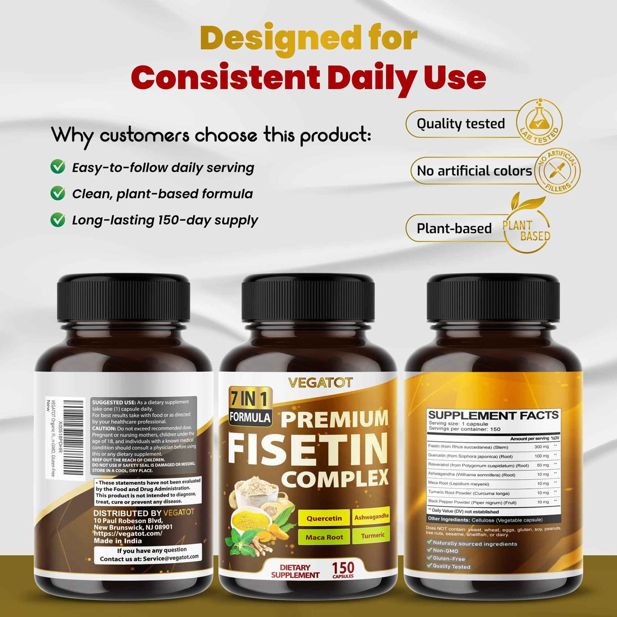 VEGATOT Organic Fisetin Complex 7-in-1 Formula - with Quercetin, Resveratrol, Ashwagandha, Maca Root, Turmeric, Black Pepper - 150 Capsules - Non-GMO, Gluten-Free