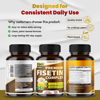 VEGATOT Organic Fisetin Complex 7-in-1 Formula - with Quercetin, Resveratrol, Ashwagandha, Maca Root, Turmeric, Black Pepper - 150 Capsules - Non-GMO, Gluten-Free