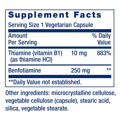Life Extension Mega Benfotiamine 250 mg, 180 Vegetarian Capsules - 250 mg of benfotiamine and 10 mg of thiamine (vitamin B1) per capsule. Non-GMO, Gluten Free, Vegetarian.