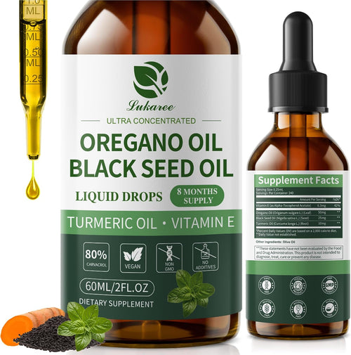 Oil of Oregano Drops with Black Seed Oil, 80% Carvacrol, 8 Month Supply - Immune, Digestive, Detox & Natural Cleanse for Humans*, Undiluted Oregano Oil with Turmeric Oil, Vitamin E & Olive Oil Based