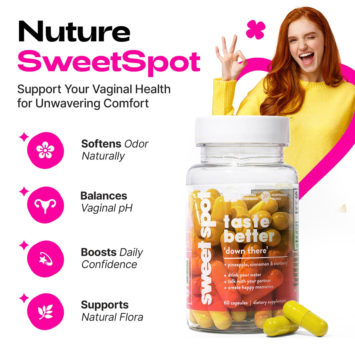 Sweet Spot - Pineapple & Cranberry Vaginal Health Supplement, 60 Capsules - Freshens Taste, Promotes Feminine Balance
