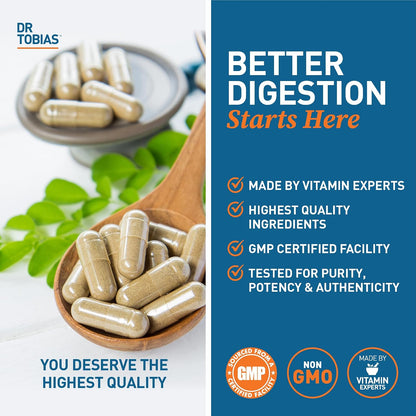 Dr. Tobias Digestive Enzymes 18-Enzyme Blend 60 Caps - Digestive Support - Take at Meal-Time - Enzymes for Digestion - Amylase + Lipase + Lactase - Digest Proteins, Fats, Carbs & Dairy - 30 Servings