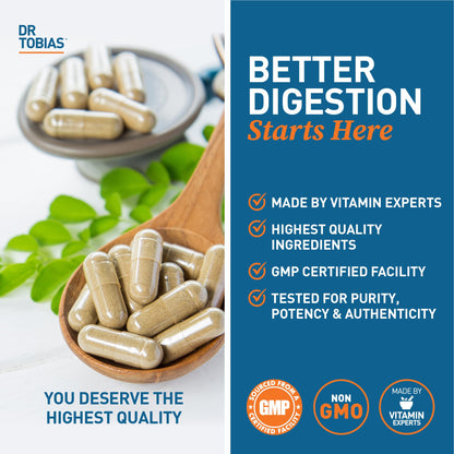 Dr. Tobias Digestive Enzymes 18-Enzyme Blend 60 Caps - Digestive Support - Take at Meal-Time - Enzymes for Digestion - Amylase + Lipase + Lactase - Digest Proteins, Fats, Carbs & Dairy - 30 Servings
