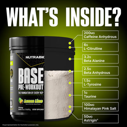 NutraBio Base Pre-Workout Powder 200mg Caffeine, Sustained Energy, Focus, Endurance, Pump, Sugar Free, Clean Preworkout for Men and Women - Beta Alanine, L-Tyrosine, 30 Servings - Lemon Lime