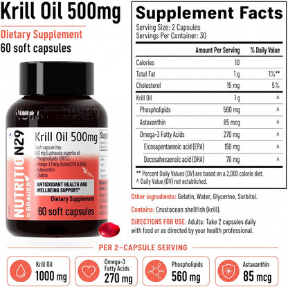 N29 Antarctic Krill Oil 500mg,60 softgels,Omega 3 Supplements with EPA,DHA - Astaxanthin,Phospholipid for Heart Brain Joint Skin Support,No Fishy Burps,Non-GMO, Gluten-Free