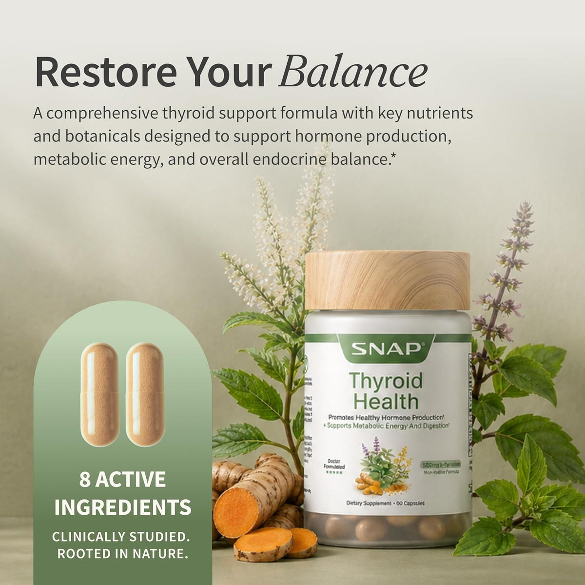 Snap Supplements Thyroid Health, Selenium, Zinc, L-Tyrosine, 60 Capsules - Thyroid Support Supplement for Women & Men, Botanicals for Metabolism, Energy & Endocrine Balance, Iodine-Free, Vegan