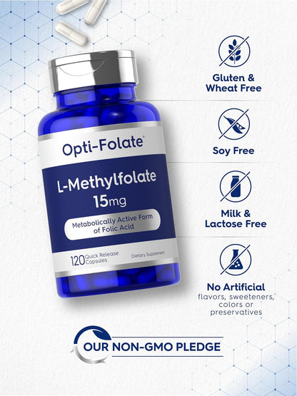 Carlyle L Methylfolate 15mg - 120 Capsules - Value Size - Max Potency - Optimized and Activated - Non-GMO, Gluten Free Supplement - Methyl Folate, 5-MTHF - by Opti-Folate