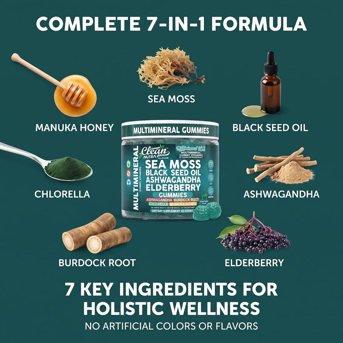 Sea Moss Gummies - Clinically Tested - Black Seed Oil Ashwagandha Elderberry Burdock Root Chlorella Manuka Honey - Vegan Irish Sea Moss Gummy Vitamins for Adults Kids Men Women - Green Apple Flavor