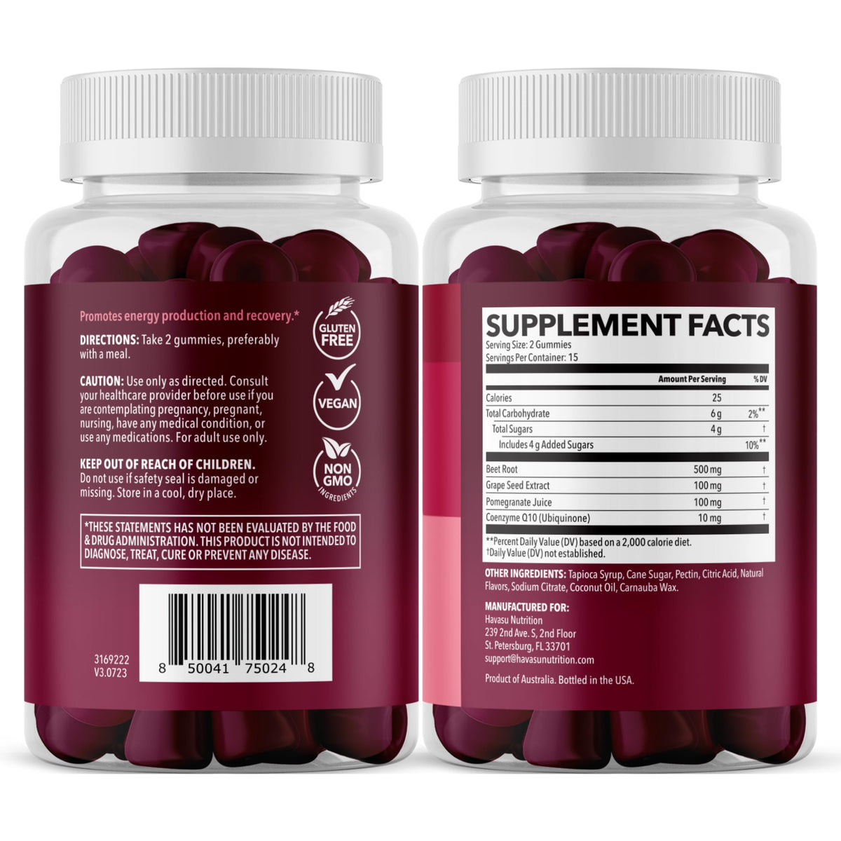 Beet Root Gummies with COQ10 and Grape Seed, Mixed Berry, 30 Servings - Nitric Oxide Supplement with Beetroot, Grape Seed Extract and COQ10 for Performance and Recovery, Vegan, Non-GMO, Gluten-Free