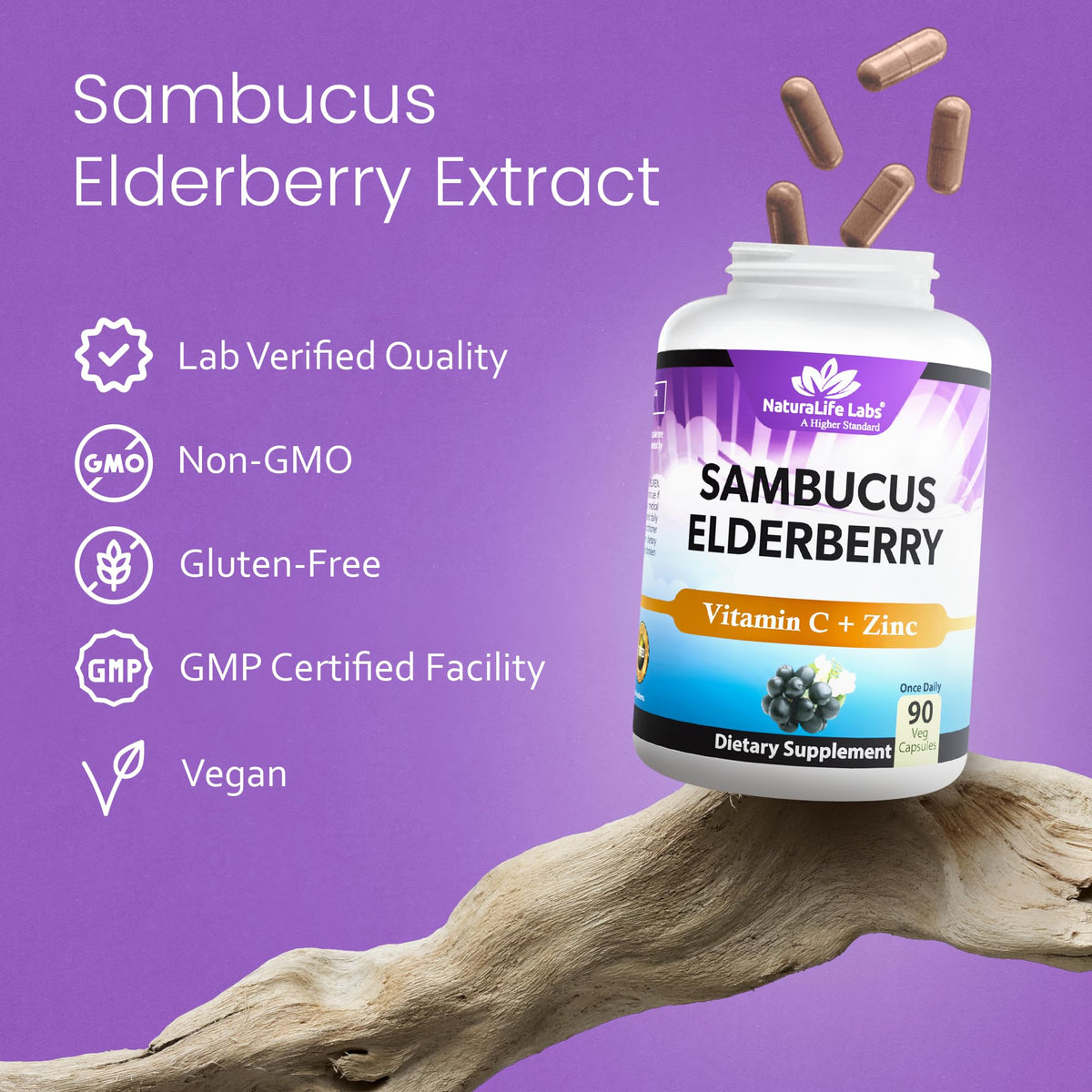 NaturaLife Labs Sambucus Elderberry Capsules - with Vitamin C & Zinc - Immune Support Supplement - 90 Vegan Capsules - Non-GMO & Gluten-Free