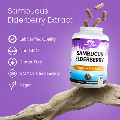 NaturaLife Labs Sambucus Elderberry Capsules - with Vitamin C & Zinc - Immune Support Supplement - 90 Vegan Capsules - Non-GMO & Gluten-Free
