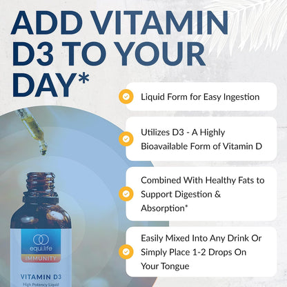 Equilife Vitamin D3: High Potency Liquid Drops, Non GMO, 0.40 fl oz - Easy Digestion & Absorption - Supports Immune Function - Promotes Bone & Overall Health - Allergen & Gluten Free - Non-GMO