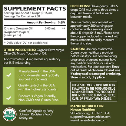 Organic Oil of Oregano Drops, 200 Servings, 1 Fl Oz High Strength Carvacrol - Oregano Oil Liquid Drops for Daily and Seasonal Immune Support, 6 Month Supply, Alcohol Free, Non-GMO, USDA Certified, Vegan
