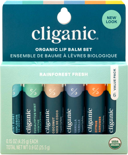 Cliganic Organic Lip Balm Set (6 Flavors) - 100% Natural Hydrating, Moisturizing for Dry Cracked Lips, Stocking Stuffer Gift for Men & Women
