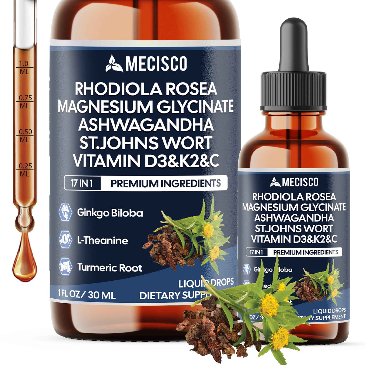 17in1 Rhodiola Rosea Liquid Drops with blend Ashwagandha Magnesium, L-Theanine. Ultra Strength Rhodiola Cortisol Supplement, Rhodiola Root for Support Relaxation, Mood, Energy - 1 FL Oz - 60 Day