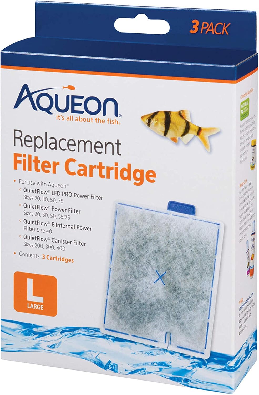 Aqueon Aquarium Fish Tank Replacement Filter Cartridges, Large - 3 Pack - Fish tank filter cartridge with activated carbon, rinse-install tab, change every 4 weeks, fits canister filter 200-400
