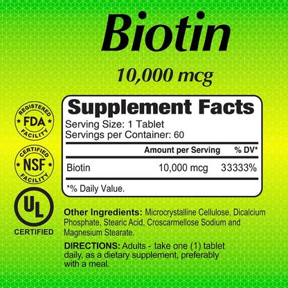 ALFA VITAMINS Biotin 10,000 mcg High Potency Vitamin B7 Supplement for Hair, Skin & Nail Support - 60 Tablets (2-Pack)