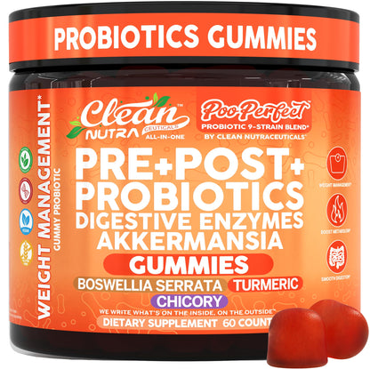 Clean Nutra Prebiotic Postbiotic Digestive Enzymes Gummies with Chicory Root, Boswellia Serrata, Turmeric, and Akkermansia - Pre+Post Probiotics Supplement