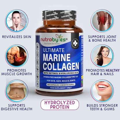 High Strength Marine Collagen with Hyaluronic Acid, Retinol and Vitamin C - 180 Capsules - 3 Months Supply