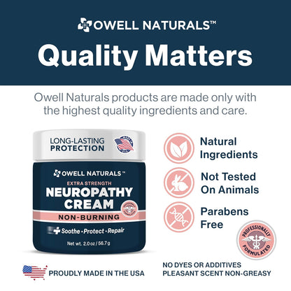 Owell Naturals Neuropathy Cream - Extra Strength Fast-Acting Comfort for Feet, Hands & Legs - Non-Burning Soothing Formula with Arnica - Cooling Skin Relief Cream, 2 oz