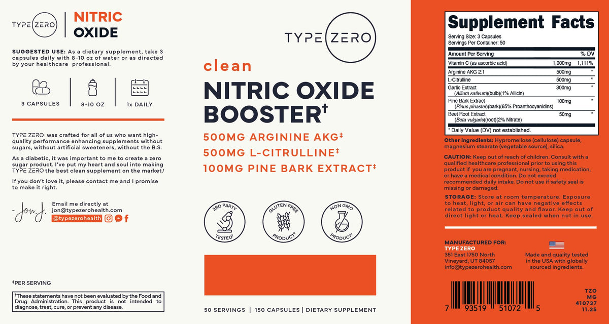 Type Zero Nitric Oxide 6X Booster, 150 Veggie Capsules, Natural Supplement - Beetroot, Arginine AKG, Citrulline, Pine Bark, Garlic & Vitamin C, Nitrous Oxide