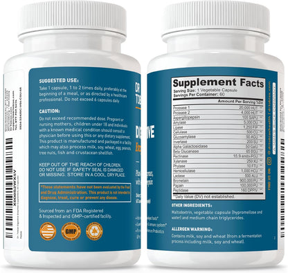 Dr. Tobias Digestive Enzymes 18-Enzyme Blend 60 Caps - Digestive Support - Take at Meal-Time - Enzymes for Digestion - Amylase + Lipase + Lactase - Digest Proteins, Fats, Carbs & Dairy - 30 Servings