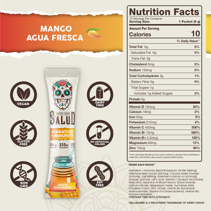 Salud 2-in-1 Hydration Packets + Immunity Electrolytes Powder, Mango - Agua Fresca Drink Mix, Elderberry, Dairy & Soy Free, Non-GMO, Gluten Free