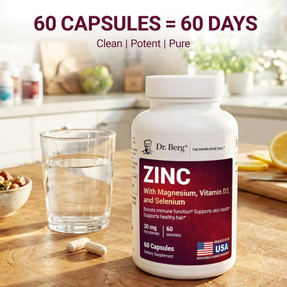 Dr. Berg Zinc 30 mg (60 Capsules) - High Potency 7-in-1 Immune Support Formula - Chelated Zinc with Vitamin D & Selenium for Healthy Skin, Hair & Daily Wellness - No Fillers, 4X Tested*