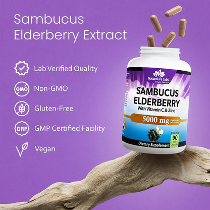 NaturaLife Labs Sambucus Elderberry Capsules - with Vitamin C & Zinc - Immune Support Supplement - 90 Vegan Capsules - Non-GMO & Gluten-Free