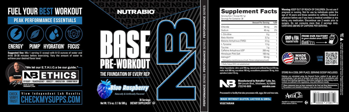 NutraBio Base Pre-Workout Powder 200mg Caffeine, Sustained Energy, Focus, Endurance, Pump, Sugar Free, Clean Preworkout for Men and Women - Beta Alanine, L-Tyrosine, 30 Servings - Lemon Lime