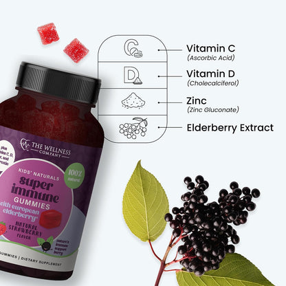 Kids Naturals Elderberry Gummies - Immune Support with Vitamin C & Zinc - 120ct (2 Month Supply)