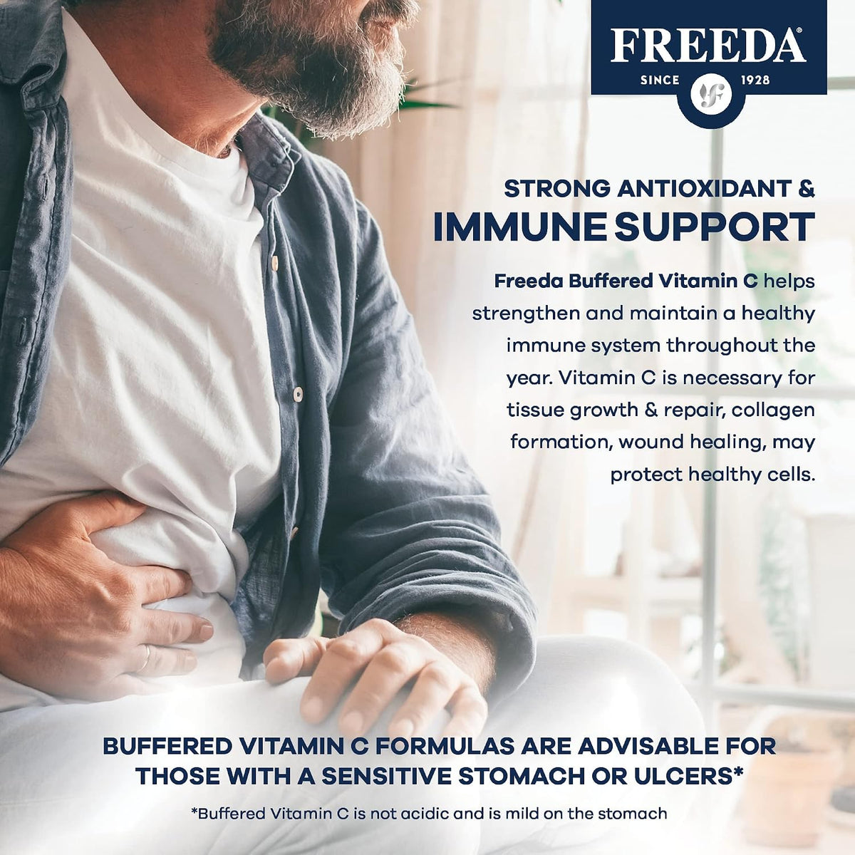 FREEDA Buffered Vitamin C 500mg for Immune Support - 100 Capsules - Includes 50mg Calcium - Supports Immune Health & Antioxidant Defense - Gentle on Stomachs, Kosher, Vegan, & Made in USA