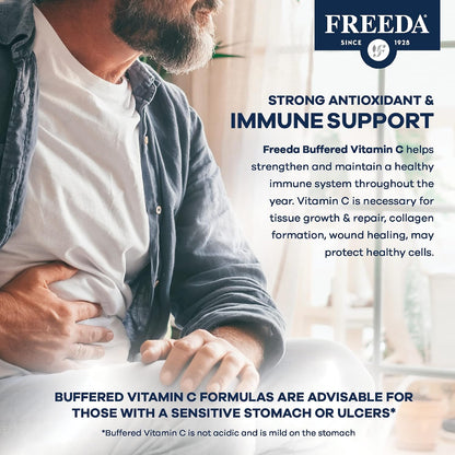 FREEDA Buffered Vitamin C 500mg for Immune Support - 100 Capsules - Includes 50mg Calcium - Supports Immune Health & Antioxidant Defense - Gentle on Stomachs, Kosher, Vegan, & Made in USA