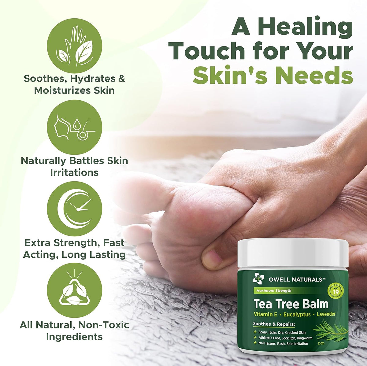 Owell Naturals Tea Tree Antifungal Balm - Extra Strength for Athlete’s Foot, Jock Itch, Ringworm & Skin Fungus - Soothing for Itchy, Dry, Cracked Skin, Feet & Body, 2 oz