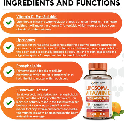Wholesome Wellness Liposomal Vitamin C Capsules (200 Pills 1500mg Buffered) High Absorption + Food Multivitamin for Men - Natural Multi Vitamins, Minerals, Organic Extracts Bundle