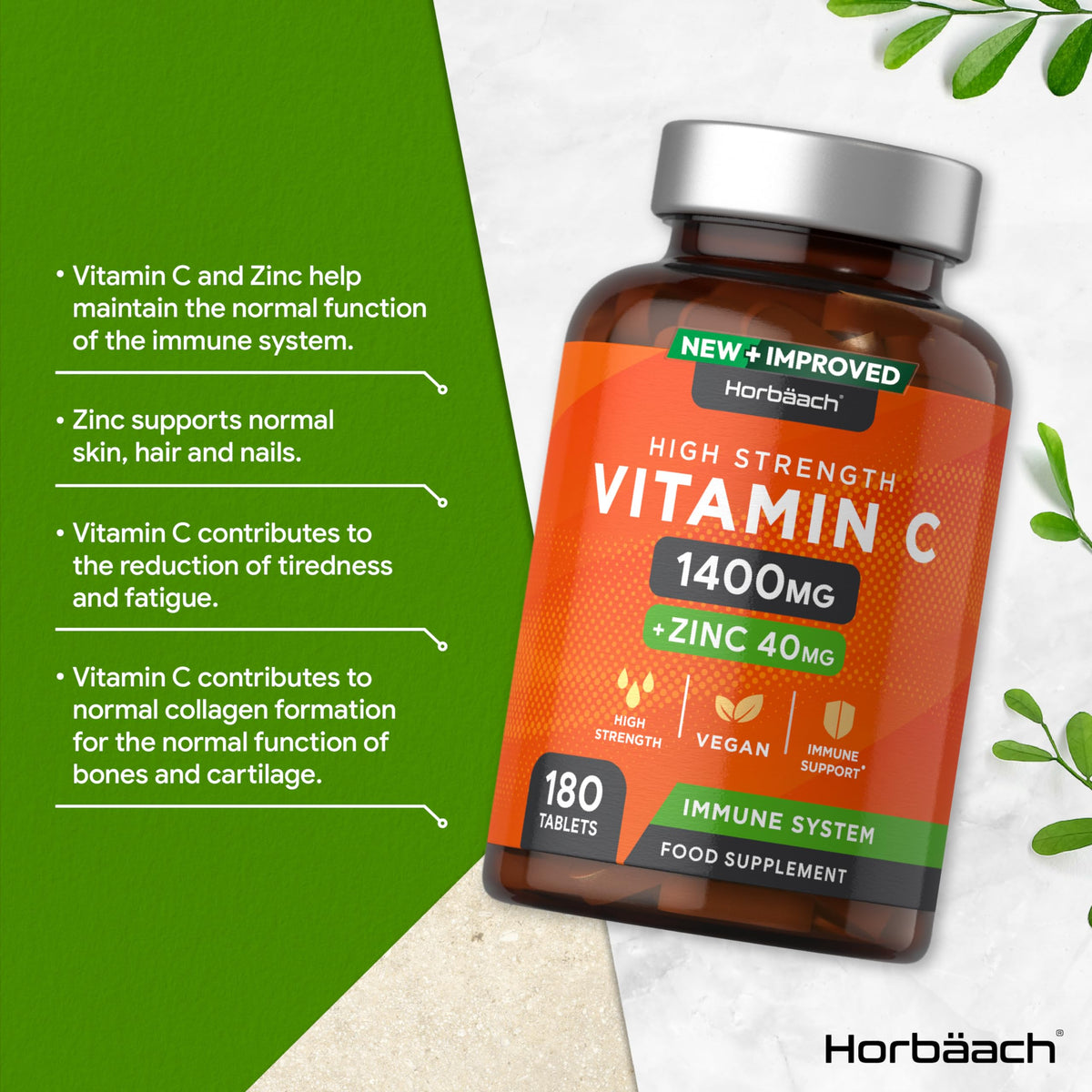 Vitamin C and Zinc - 180 Vegan Tablets - High Strength Vitamin C 1400mg and Zinc 40mg