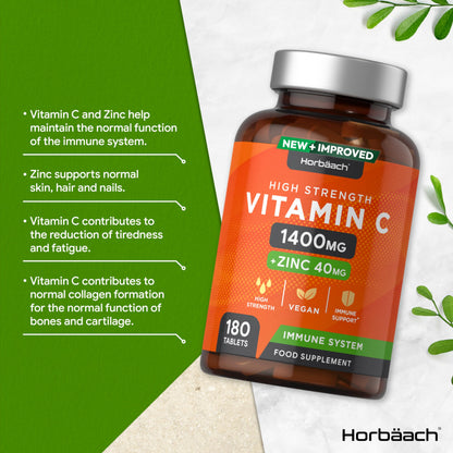 Vitamin C and Zinc - 180 Vegan Tablets - High Strength Vitamin C 1400mg and Zinc 40mg