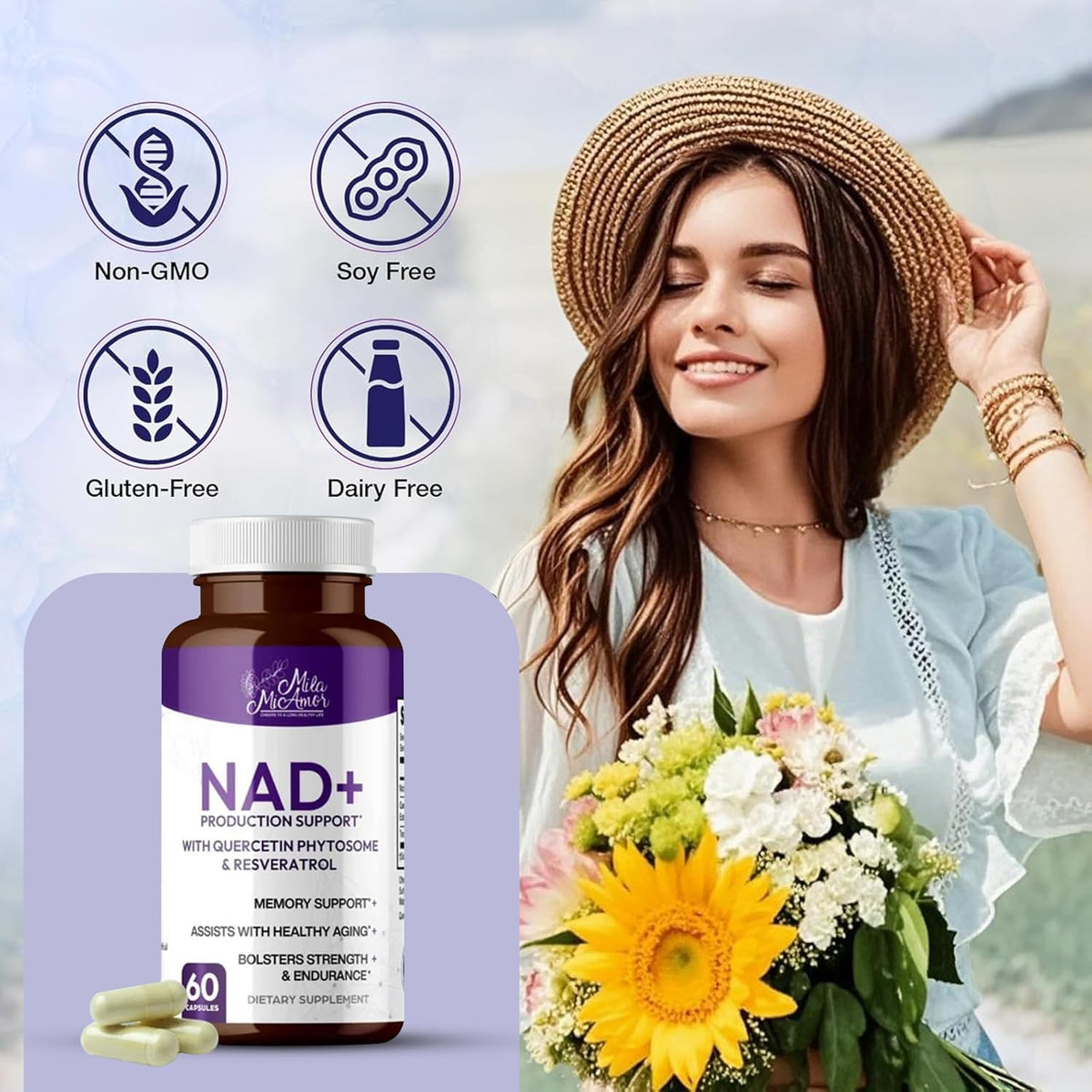 Mila Miamor NAD+ for Cellular Energy & Anti-Aging Supplement - Boost Focus, Vitality & Mitochondrial Function - Supports DNA Repair, Brain Health & Endurance - Non-GMO, Gluten-Free - 60 Capsules
