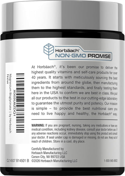 Horbäach Magnesium Bisglycinate - 120 Capsules - 750mg - Non-GMO and Gluten Free Supplement