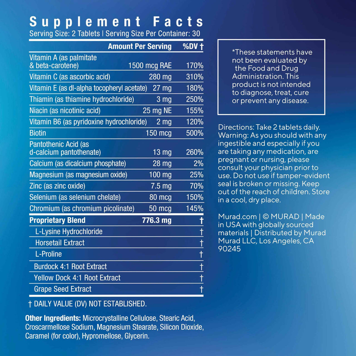 Murad Pure Skin Acne Supplements - 60 Tablets - Clear Skin Support with Blend of Vitamin A & B6, Zinc, Amino Acids, & Burdock Root - Promotes Healthy Skin, Oil Balance, Gut Health & Stress Relief