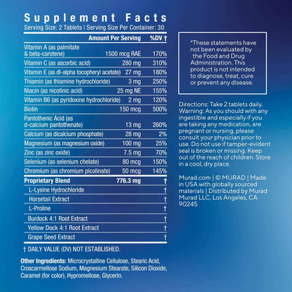Murad Pure Skin Acne Supplements - 60 Tablets - Clear Skin Support with Blend of Vitamin A & B6, Zinc, Amino Acids, & Burdock Root - Promotes Healthy Skin, Oil Balance, Gut Health & Stress Relief