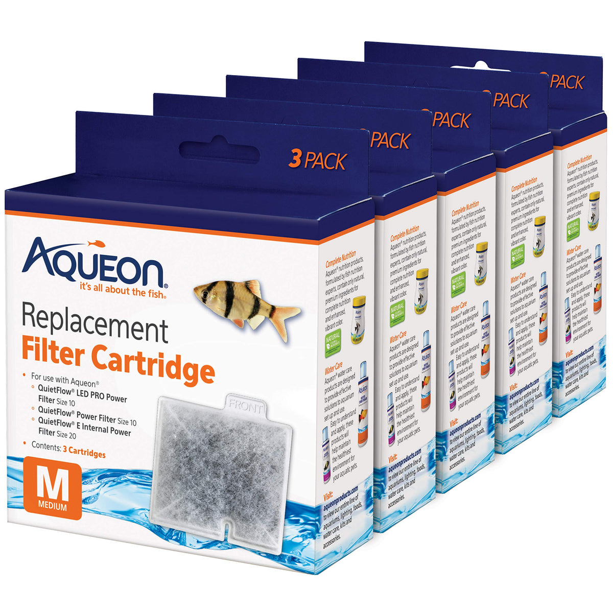 Aqueon Replacement Filter Cartridges Medium, Filter Cartridge, 6-Pack - Fish tank filter cartridge, dual-sided dense-floss with activated carbon, fits QuietFlow size 10 filters