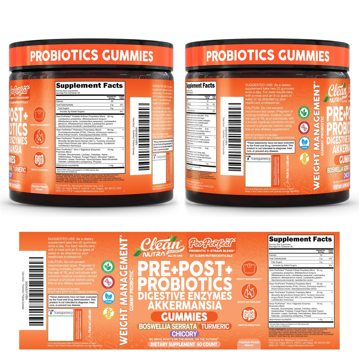 Clean Nutra Prebiotic Postbiotic Digestive Enzymes Gummies with Chicory Root, Boswellia Serrata, Turmeric, and Akkermansia - Pre+Post Probiotics Supplement