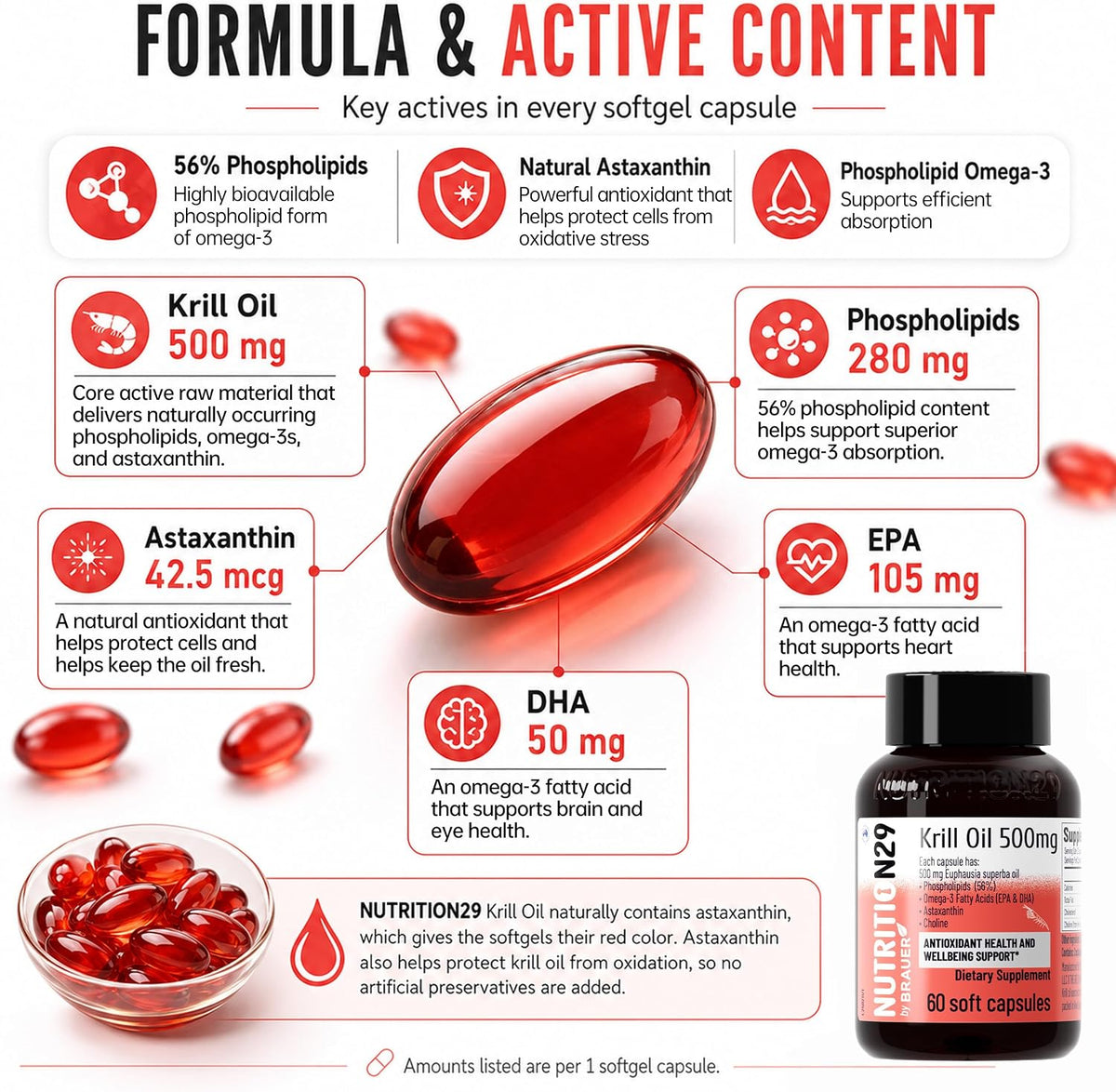 N29 Antarctic Krill Oil 500mg,60 softgels,Omega 3 Supplements with EPA,DHA - Astaxanthin,Phospholipid for Heart Brain Joint Skin Support,No Fishy Burps,Non-GMO, Gluten-Free