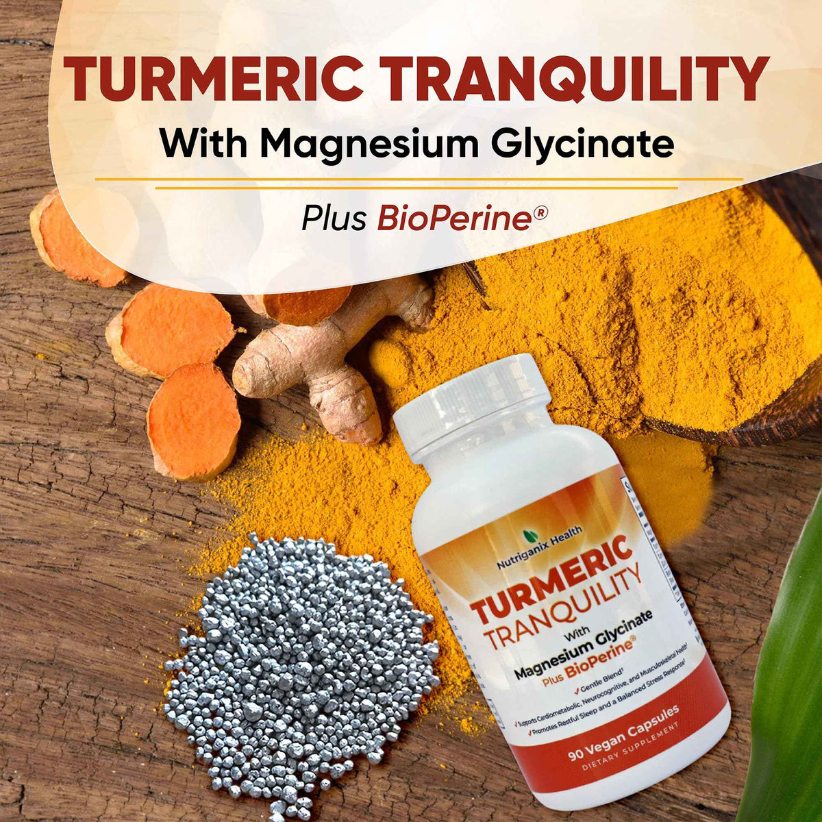Turmeric Tranquility Turmeric Curcumin & Magnesium Glycinate with BioPerine - Support for Stress Relief, Sleep, Heart Health, Muscles, Metabolism, and Joint Health* - High Absorption - 90 Capsules (1)