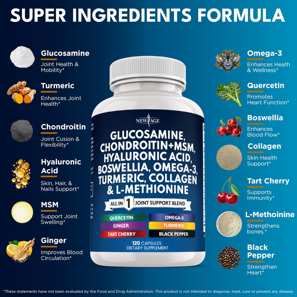 Glucosamine Chondroitin, MSM, Turmeric Curcumin, Collagen, Hyaluronic Acid, Omega 3 - Health Supplement for Men & Women - 240 Count