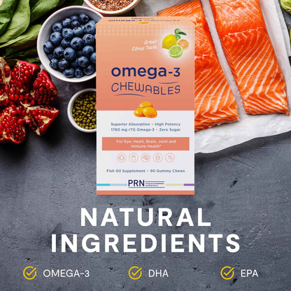 Omega 3 Gummy Chewables - 90 Gel Chews, 30-Day Supply, Citrus Flavor - 1760mg Ultra-Pure rTG Omega 3 for Eye, Heart, Brain, Joint & Immune Health