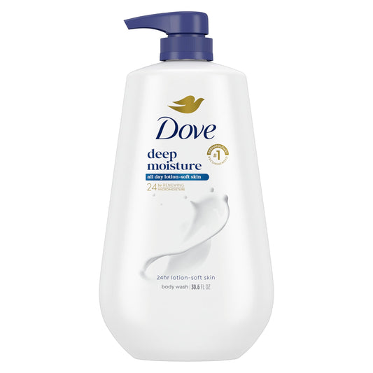 Dove deep moisture body wash bottle on a white background