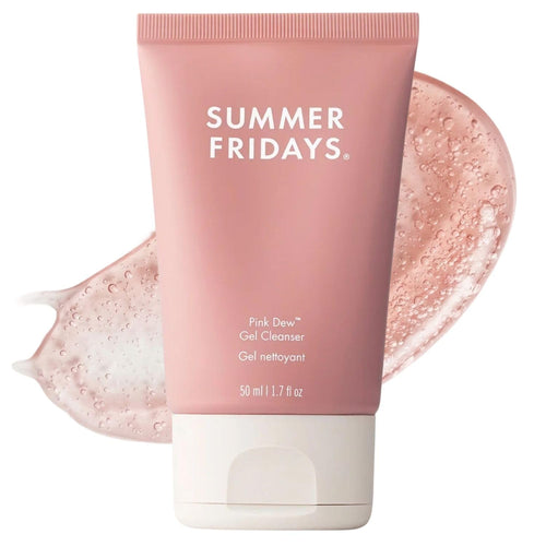 Pink 'Summer Fridays' gel cleanser with product smear on white background